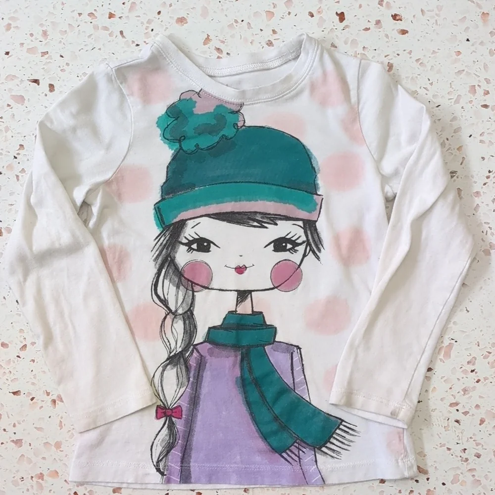 Place | Girl with Cap, Scarf Graphic Print Long Sleeve T-Shirt | S (5-6)
